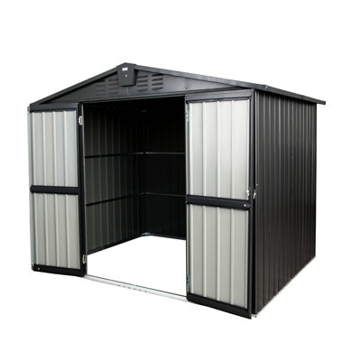 Outdoor Storage Space 8.2'X 6.2', Galvanized Metal. Lockable Door, 318 Cubic Feet. Corrosion, Sloping Roof, 16 Air Vents. For Backyard. Black 6.2' Metal Garden Shed, Steel. Rust-, Backyard, Lawn.