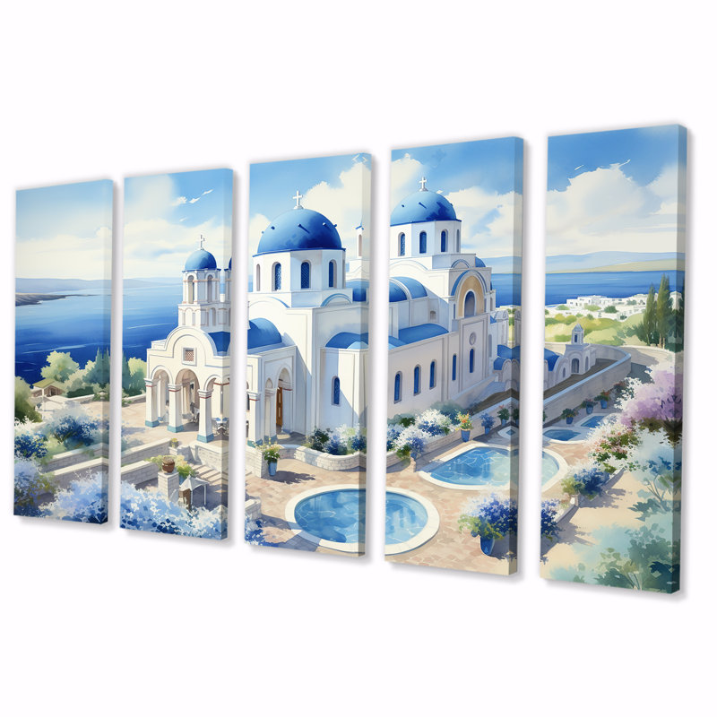 Coastal Orthodox Church In Grèce I - Grèce, art mural sur toile 5 pièces, H 32 po x l 80 po