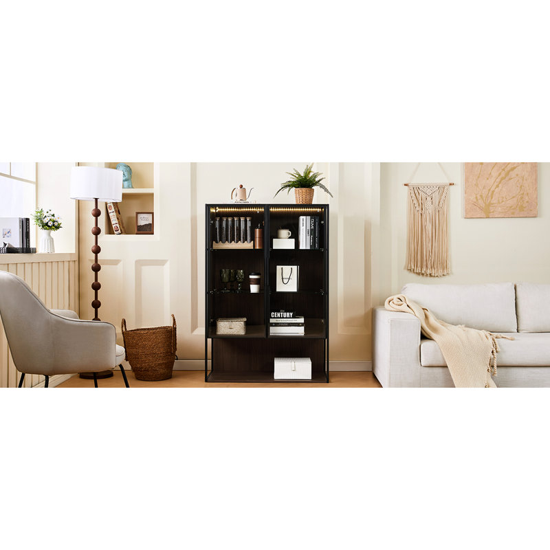 Armoire de salon de 51,2 po de hauteur avec tablettes en verre trempé et éclairage à DEL - Cadre en métal, minimaliste moderne pour bureau, porte de bureau d'étude