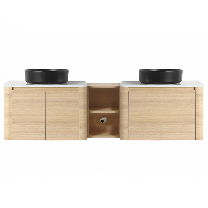 Meuble-lavabo mural avec lavabo d'art en céramique et 1 tablette de rangement, 4 portes à fermeture douce, 72", Noir