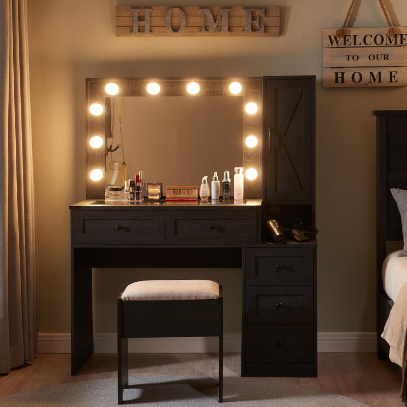 Narvis 43" Makeup Vanity Desk with LED Lighted Mirror & Power Outlet & 5 Drawers, Vanity Set with Stool, Black