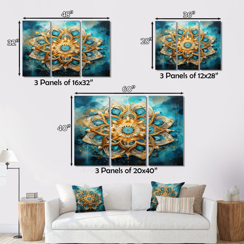 Ensemble d'art mural sur toile divin, mandala divin en or et turquoise III, H 28 po x l 36 po x P 1 po