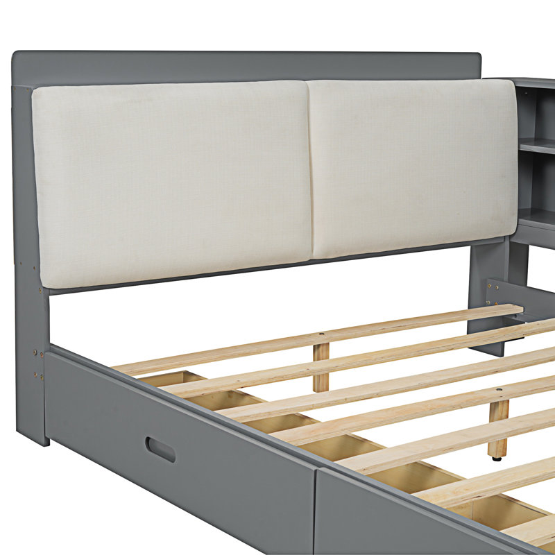 Lit plateforme en bois avec tête de lit, tablettes et 2 tiroirs, Gris