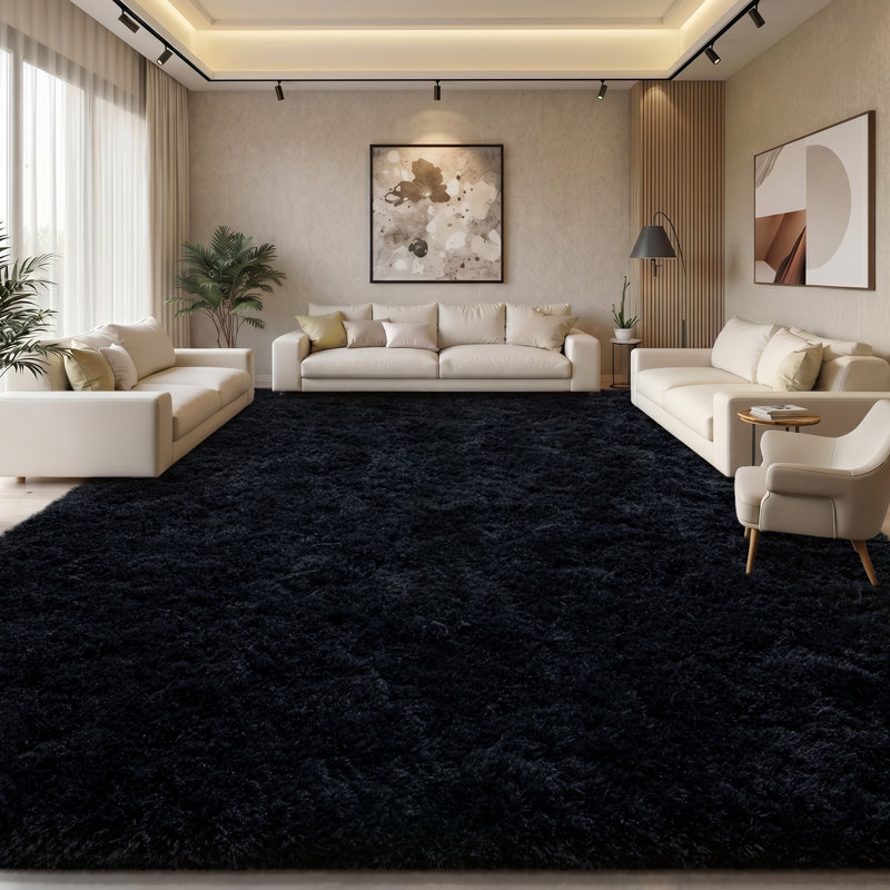 Solid Rug Soft Fluffy Black Indoor Area Rug for Living Room Bedroom Nursery Kids Room, Rectangle 9' x 12', Black