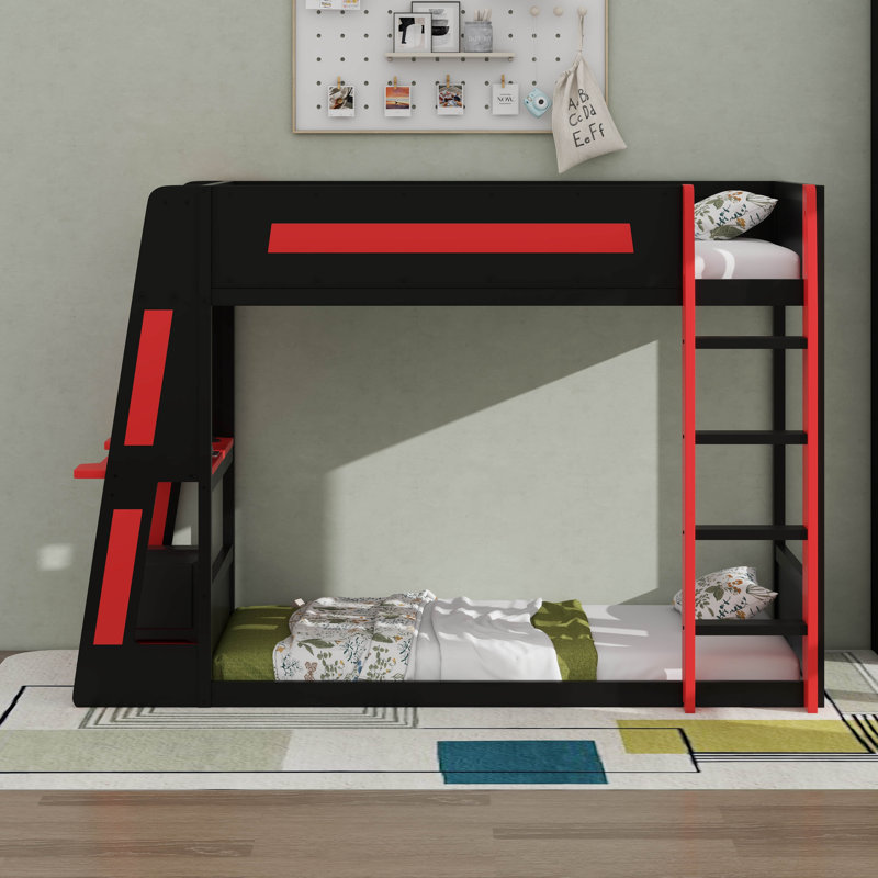 Wooden Gaming Bunk Bed With Built-In Desk, LED Lights, USB Port, And 2 Storage Shelves, Black+Red, Twin