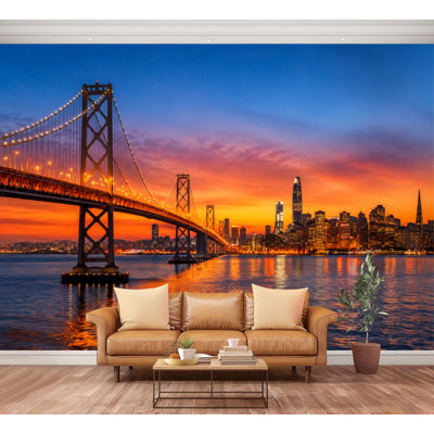 Wall Mural Peel and Stick Golden Gate Bridge Sunset San Francisco City Skyline Reflection Large Wallpaper Self-Adhesive Removable Contact Paper Wall Decor for Living Room Bedroom Nursery 100"H x 144"W