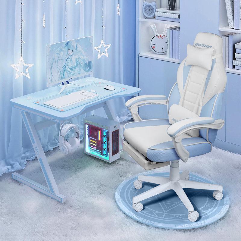 BOSSIN Gaming Chairs with Footrest, Ergonomic Computer Game Chairs with Lumbar Support, Blue/White