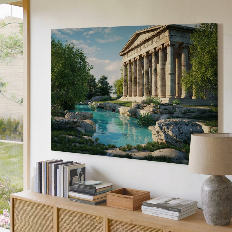 Toile à l'arrière-plan, "Un ancien temple grec serein se lève majestueusement", ses grandes colonnes ornées de capitales complexes