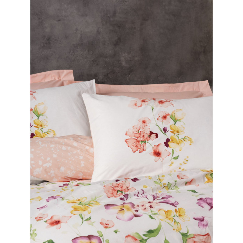 Luxury King Quilt Cover Set (3 Pieces), Salmon & White, 94.5 x 86.6 inches | 100% Cotton Ranforce, 145 Thread Count | Machine Washable, Elegant Pigment Printing, Envelope & Button Closure for Ultimate Comfort