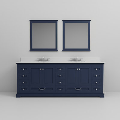 Meuble-lavabo double bleu marine l 84 po x P 22 po, comptoir en quartz blanc, ensemble de robinets et miroirs de 34 po