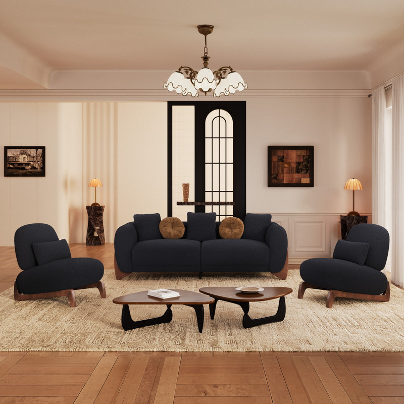 Ensemble de salon moderne rembourré, canapé confortable et fauteuil d'appoint avec coussins pour le salon, appartement, Noir