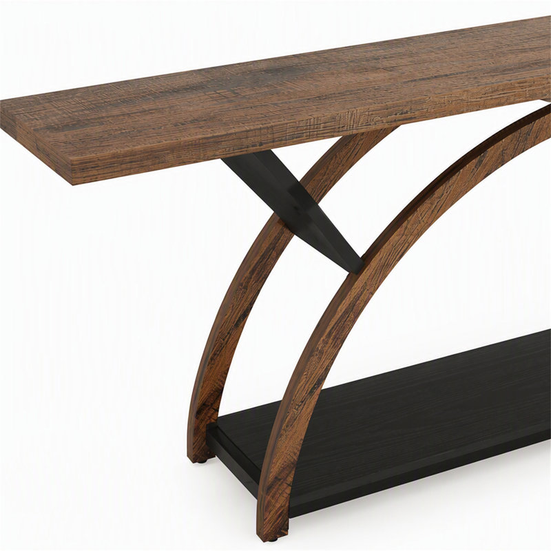 Console à deux niveaux, table d'entrée de 180 cm avec cadre en demi-lune, Brun