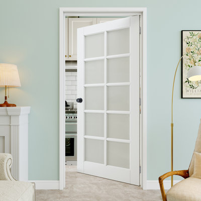 36" x 80" 10-Lite Frosted Glass Interior Prehung Door with Curve Lever and Silver Hinges, Privacy Glass Door Slab, Paintable & Waterproof, Suit for Laundry, Closet Doors, Room Doors, Right Hand