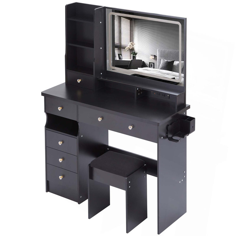 41" Large Size Left Bedside Cabinet Vanity Table+Cushioned Stool Dresser Set,2 AC+2 USB Power Station,Hair Dryer Stand, Extra Large Touch Control LED Mirror,3-color Switch