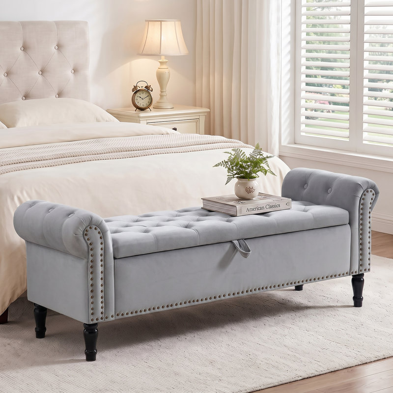 Banc de rangement 67 po Lunara, Velours gris, 67 po de largeur