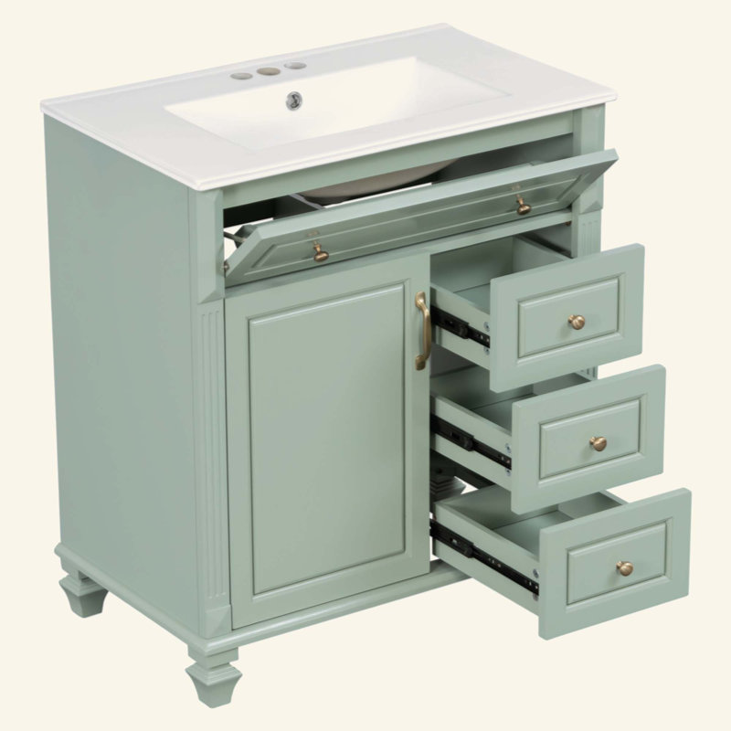 Meuble-lavabo de salle de bain avec lavabo, meuble-lavabo autoportant avec tiroir rabattable, 3 tiroirs et armoire de rangement, bois massif et panneau de fibres à densité moyenne, comptoir de lavabo en céramique
