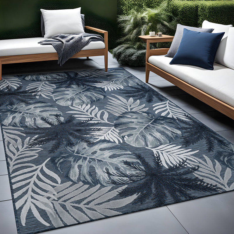 Floral Indoor Outdoor Rug, Navy, Rectangle 8' x 10'