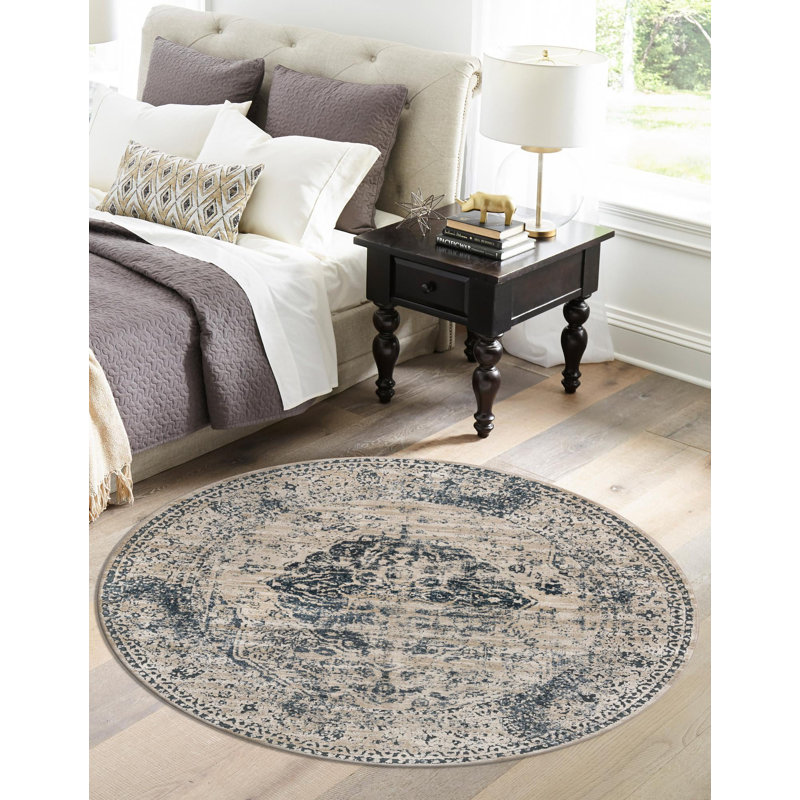 Arkeen Oriental Dark Blue/Beige/Ivory/Gray Area Rug, Round 7'10"