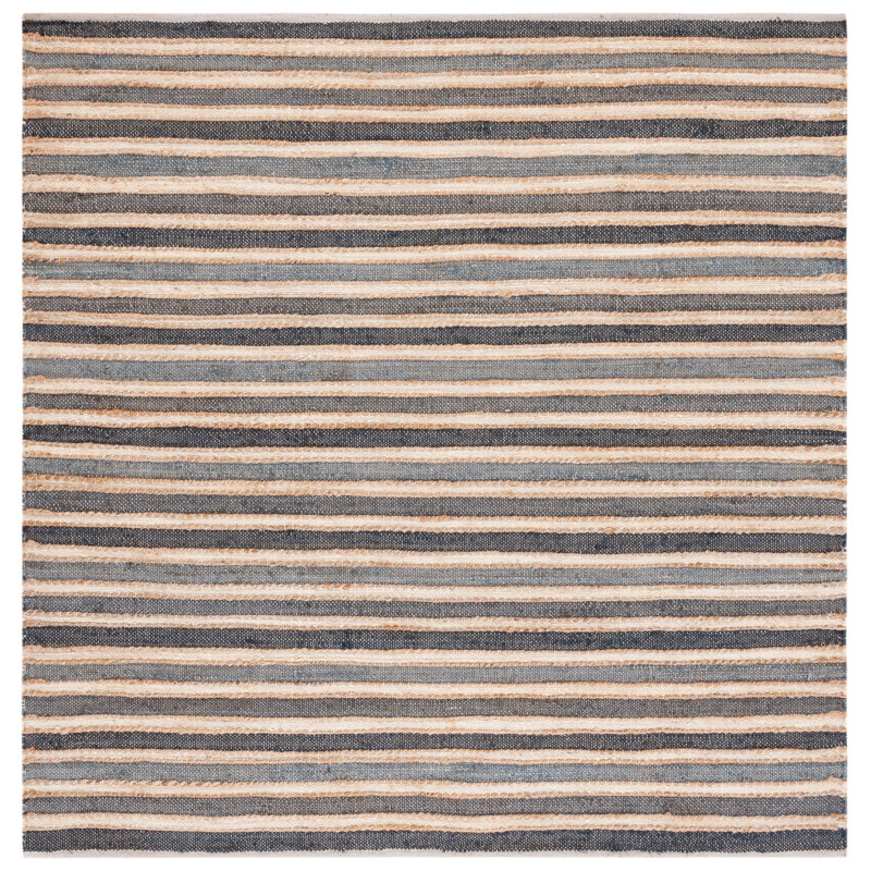 Wlikerson Hand Woven Jute/Cotton/Wool Striped Rug in Charcoal/Ivory, Square 6'6"