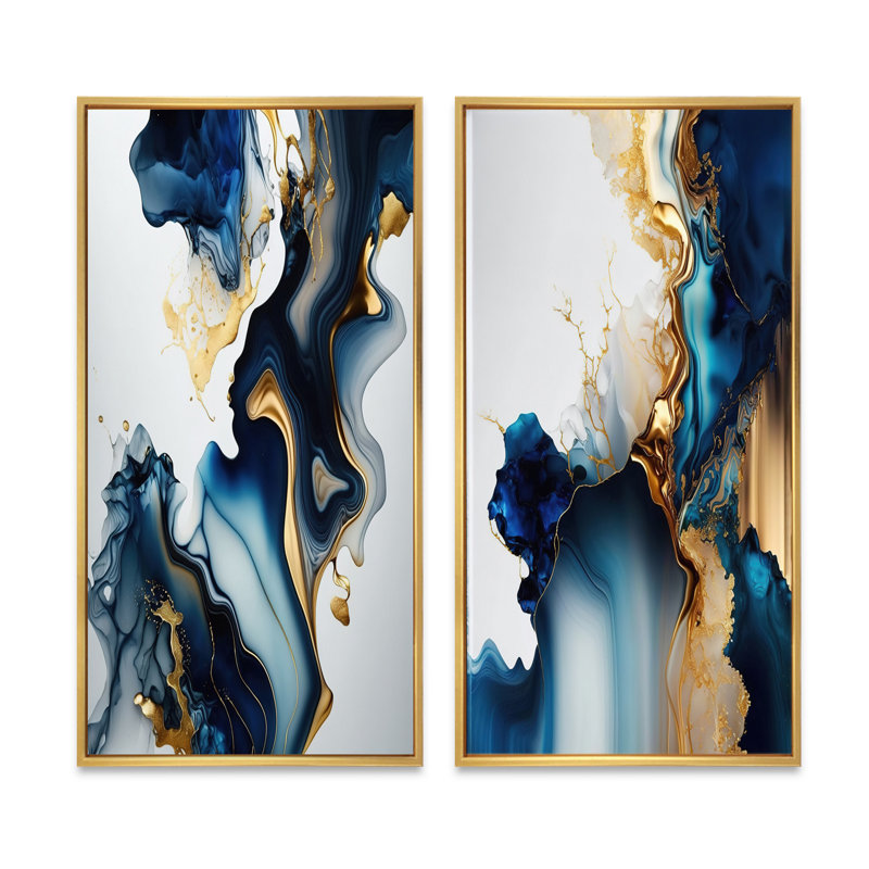 «Abstract Geode Marble Blue I», 2 pièces, Encadrement doré, H 32 po x l 32 po