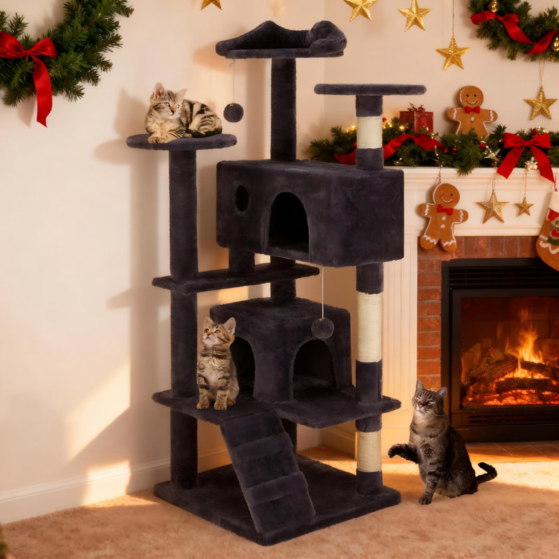 54in Dark Grey Multi-Functional Cat Tree Tower with Detachable Toys, Cozy Cat House & Play Lounge for Modern Home Decor, Grey
