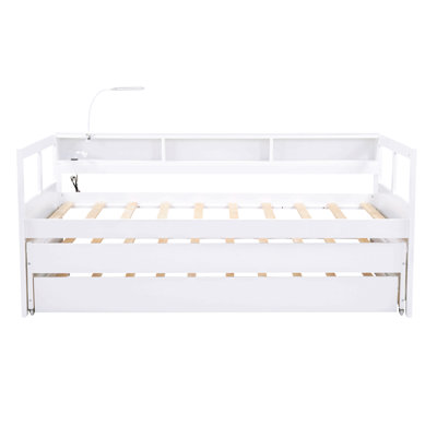 Twin Xl Wood Daybed With 2 Trundles, 3 Storage Cubbies, 1 Light And Usb Charging Design