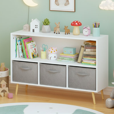 Bibliothèque pour enfants de 35 pouces de largeur avec 3 tiroirs en tissu rose, rangement pour jouets bas et pieds en bois massif pour salle de jeux, blanc et gris