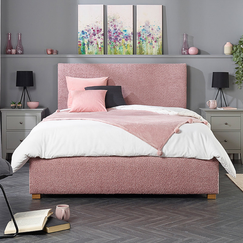 Bouclé Upholstered Garland Ottoman Bed Frame, Single (3'), Blush