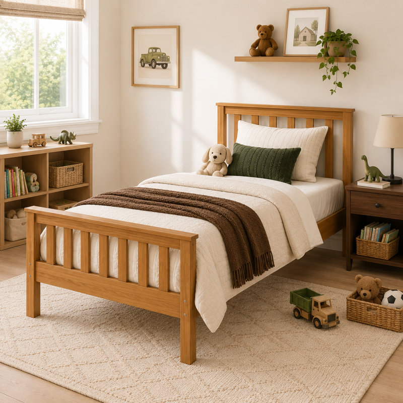 Mission Twin Solid Wood Platform Bed with Headboard and Footboard, Tan
