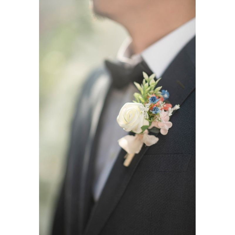 Boutonnières Ling's Moment bleu poudré, Bleu cendré et crème