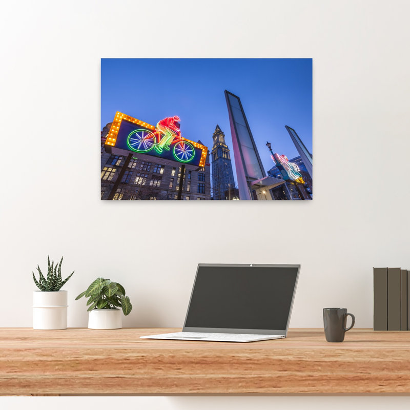 USA New England Massachusetts Boston Antique Neon Signs Along The Greenway Dusk by Walter Bibikow - Wrapped Canvas Print