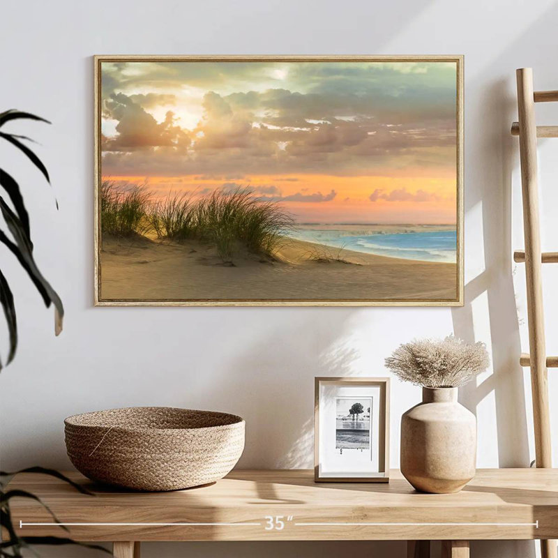 Herbe de mer et crépuscule, 25 po x 17 po, Cadre flottant en bois naturel