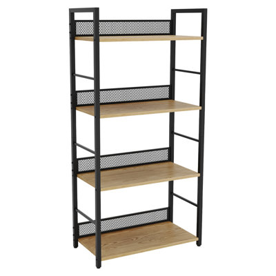 Tablette de rangement 24 po x 12 po x 48 po à 4 niveaux avec dossier en filet de diamant, structure en acier et tablettes en bois d'ingénierie pour le bureau de la cuisine du couloir, noir mat avec finition bois