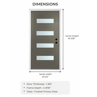 36 In. X 80 In. Gray Fiberglass Front Door With Frosted Glass And Brickmould Design