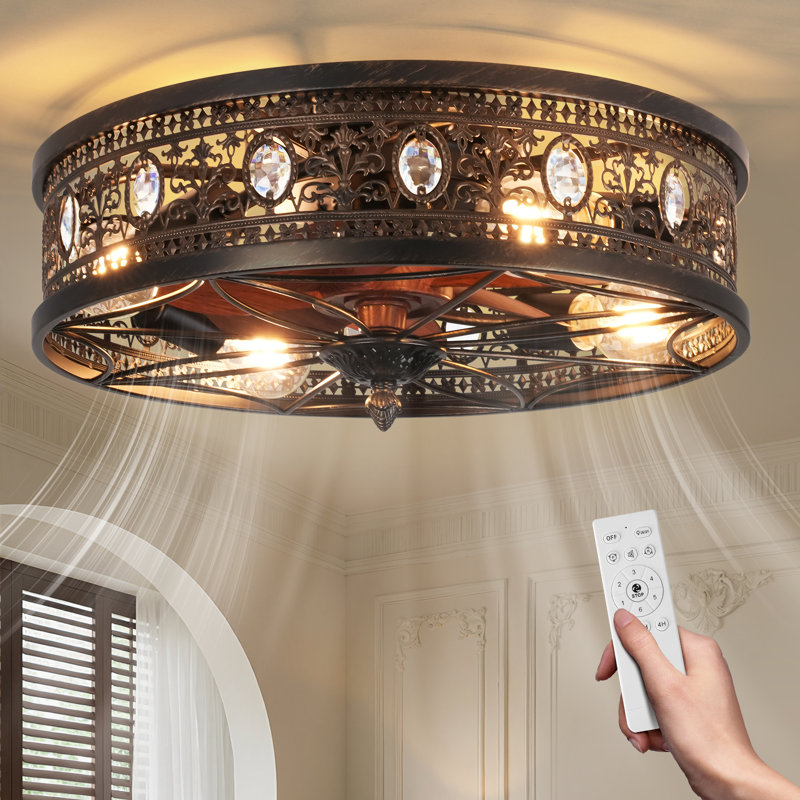 18" Farmhouse Ornate Crystal Flush Mount Ceiling Fan Light, Traditional Caged Ceiling Fan with Remote, Reversible DC Motor, for Bedroom Living Room Kitchen Dining Room