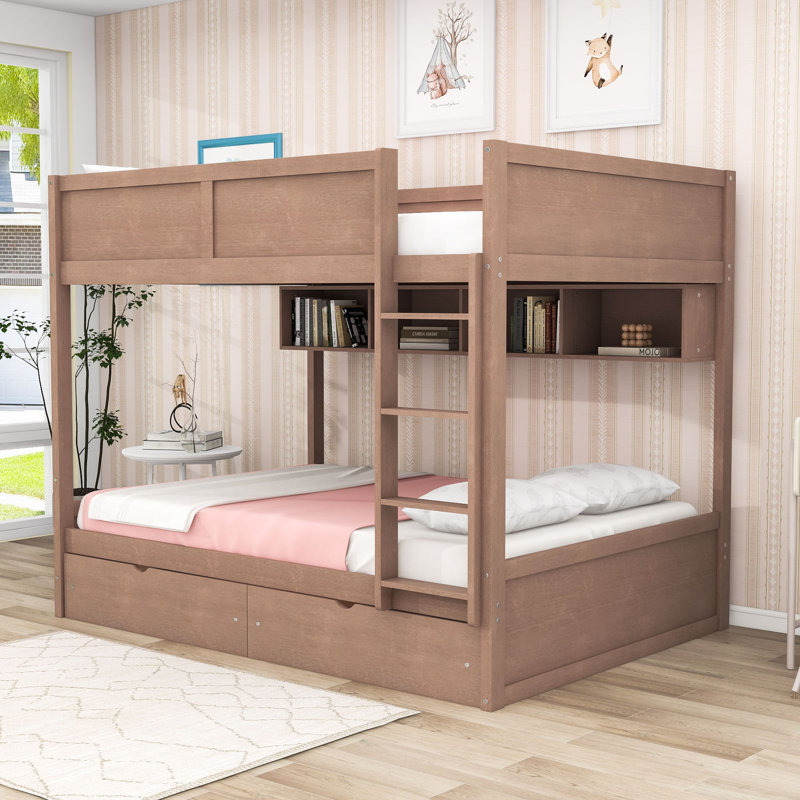 Lit superposé double TG avec éclairage DEL, tiroirs de rangement et tablettes, Brun