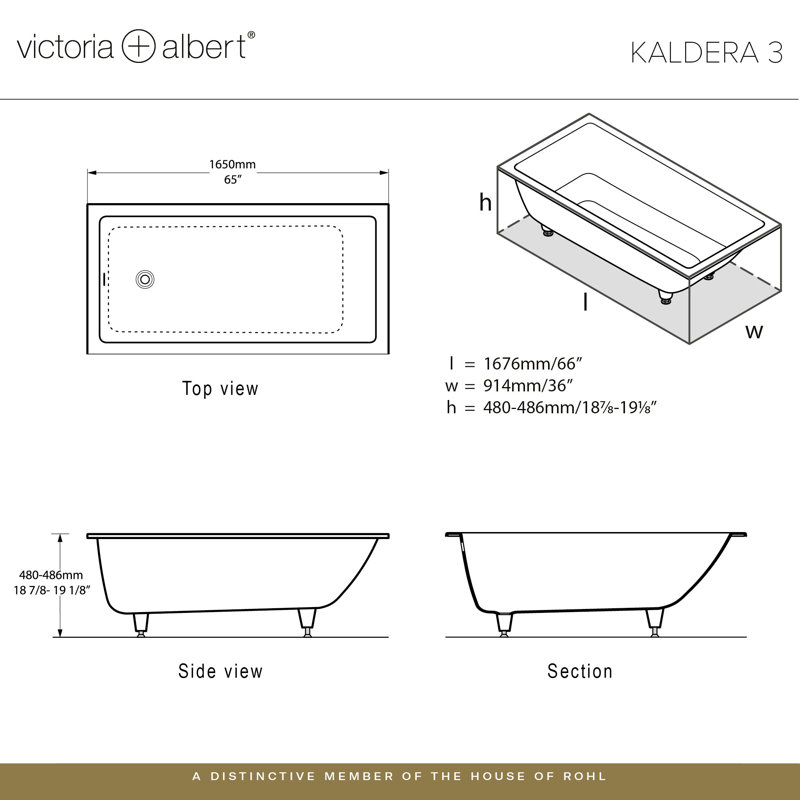 Kaldera 66" x 36" Undermount or Drop-in Bathtub in Volcanic Limestone with Internal Overflow