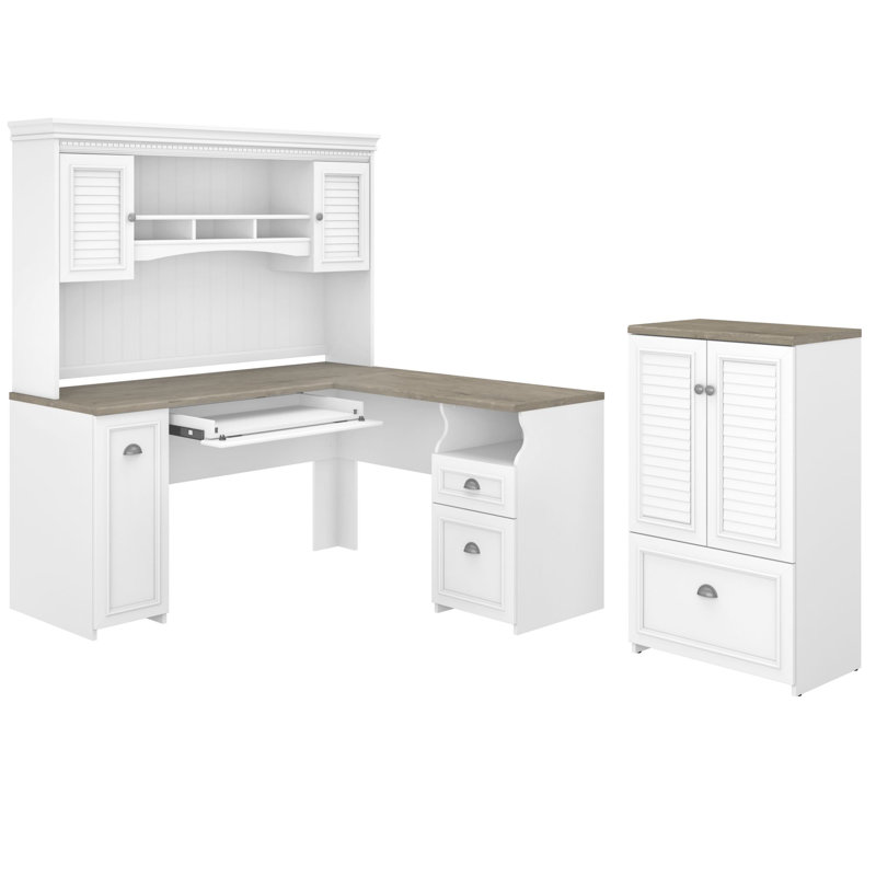 Huckins 4 Piece Computer Desk Office Set, Shiplap Gray/Pure White