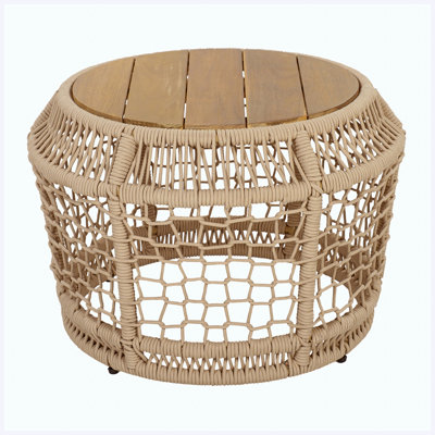 Round Acacia Wood Side Table with Light Beige Woven Rope Frame, Teak Finish Top, 150 lbs Capacity, No Assembly Required, Weather-Resistant Accent Table for Patio Backyard Living Room