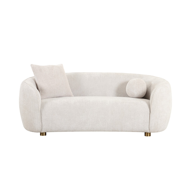 Ivory Fabric Round Arm Modern Loveseat with Wood Legs