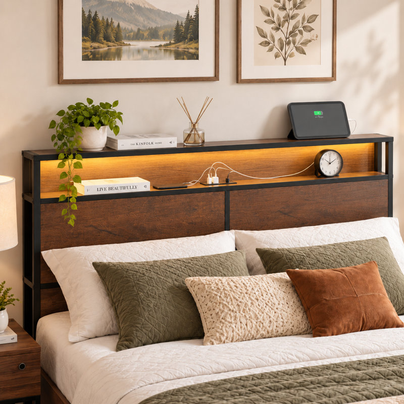 Lit Livia moderne King Full avec 4 tiroirs et tête de lit ouverte avec rangement, lampe DEL réglable et station de recharge, sommier non requis