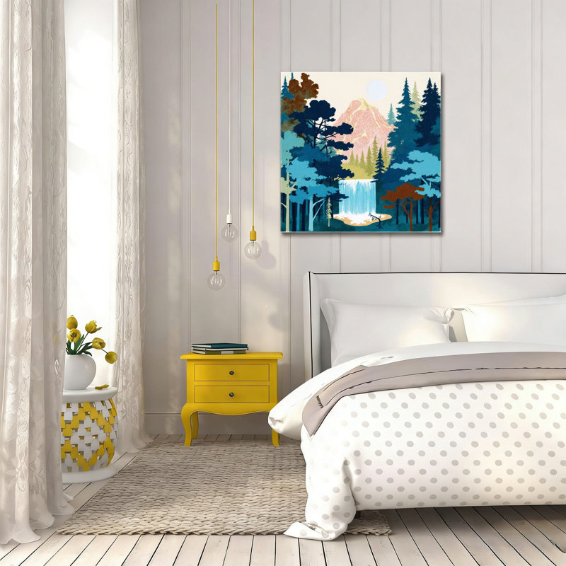 «Forest Waterfall Pink Hill», art mural encastré en bois 16 x 16 po