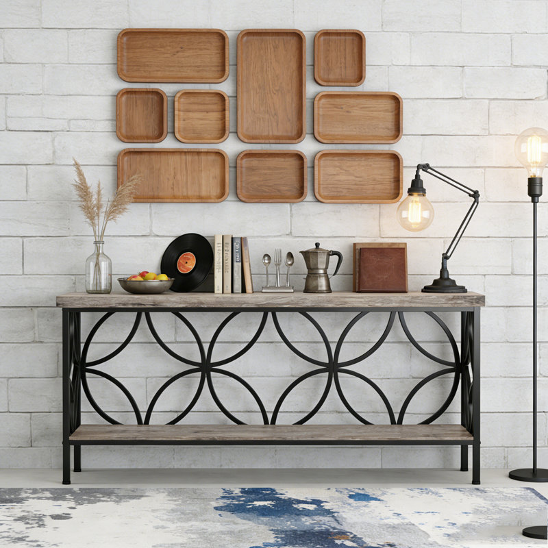 2-Tier Console Table Industrial Sofa Table Behind Couch, Gray & Black