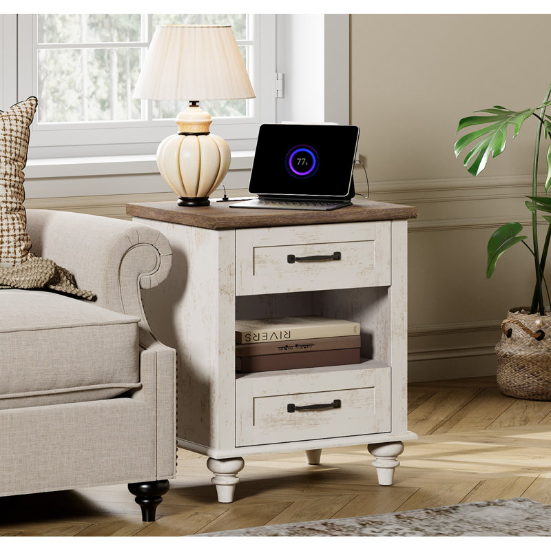 Table de chevet 2 tiroirs Scarlett, Individuel, Blanc antique / brun