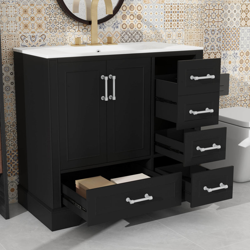 Meuble-lavabo 36 po avec lavabo, armoire de salle de bain avec porte à fermeture douce, 4 tiroirs, structure et pieds en bois massif