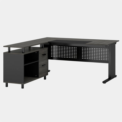 63" L-Shaped Executive Desk With File Cabinet, Large Modern Office Desk With Drawers, Shelves & Storage, Corner Computer Workstation For Home Office, Business Desk In Gray And Black