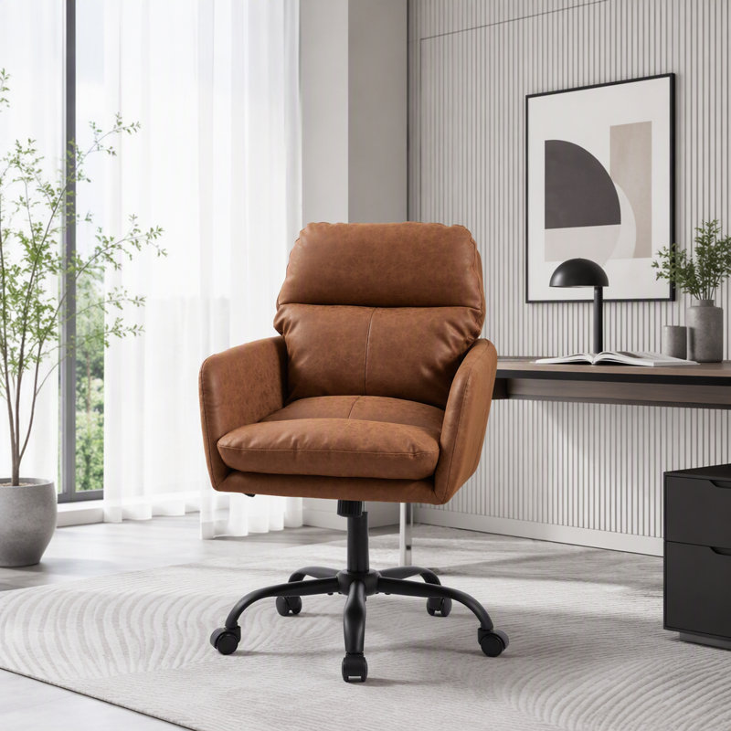 Chaise de bureau en polyuréthane à haut dossier avec support ergonomique, Cuir brun