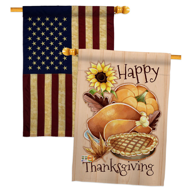 Drapeau de maison en polyester 40 x 28 po Happy Thanksgiving Feast