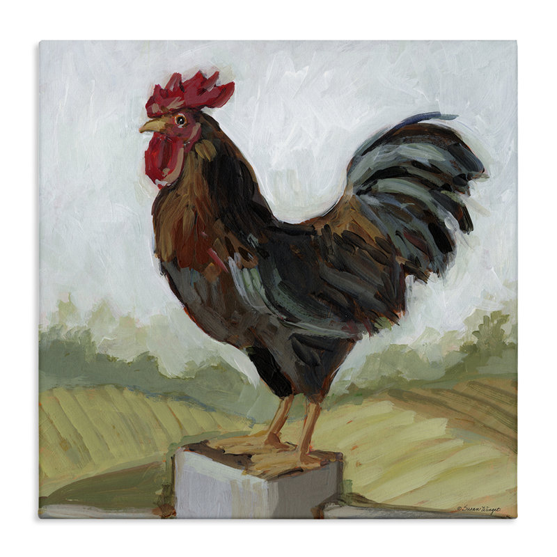 Coq perché sur une clôture, art mural par Susan Winget, H 17 po x l 17 po