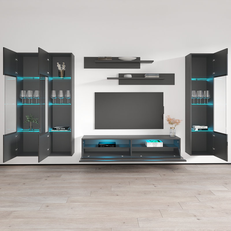 120" Modern Floating Wall Mounted Entertainment Center with 16-Color LED Lighting, High Gloss Finish, Gray